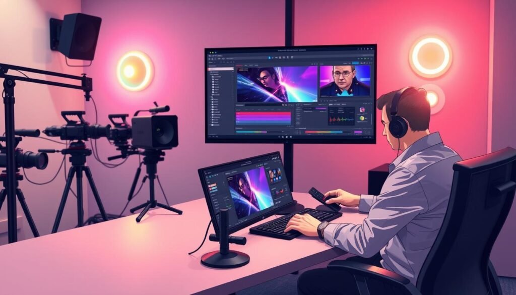 A modern broadcasting studio setup featuring a professional broadcaster at a sleek desk with an OBS software interface displayed on a large monitor. In the foreground, the broadcaster, dressed in business casual attire, is adjusting equipment with focused determination. The middle ground shows high-quality cameras and microphones arranged strategically, while the background includes wall-mounted RGB lights creating a vibrant yet professional atmosphere. Soft lighting enhances the scene, casting a warm glow and highlighting the intricate details of the equipment, creating a dynamic ambiance. Capture this scene from a slightly elevated angle to showcase both the broadcaster and the impressive tech setup, emphasizing the elevated production value that OBS can provide for professional broadcasting.