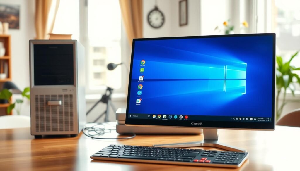 A modern desktop interface showcasing Chrome OS Flex on an older PC. In the foreground, display a sleek computer monitor featuring the vibrant Chrome OS dashboard with colorful app icons and widgets neatly arranged. Include a well-organized taskbar at the bottom, showing essential system icons. In the middle ground, include an old but stylish desktop computer with clean lines and a simple keyboard, emphasizing the transformation of older hardware. In the background, soften the focus to reveal a cozy home workspace, with natural light streaming in through a window, creating a warm and inviting atmosphere. The scene should evoke feelings of nostalgia blended with modern efficiency, highlighting how Chrome OS Flex revitalizes aging PCs.