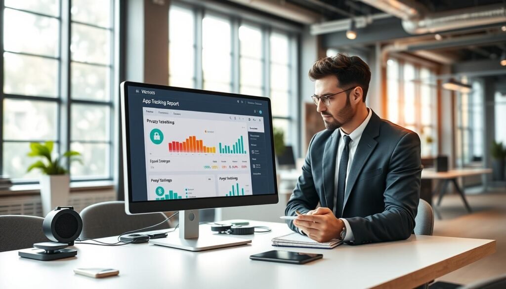 A modern digital workspace showcasing a computer screen displaying the "App Tracking Report" interface, featuring colorful graphs and analytics related to privacy settings. In the foreground, a well-dressed professional looks thoughtfully at the screen, taking notes on a notepad. The middle ground includes a stylish desk with tech gadgets, while the background features a contemporary office with large windows allowing natural light to spill in, creating a warm atmosphere. The scene is captured from a slight angle, highlighting the interaction between the user and the technology, enhancing a sense of engagement and focus on privacy accountability. The overall mood is professional and optimistic, inviting users to embrace the benefits of enhanced privacy in a digital age.