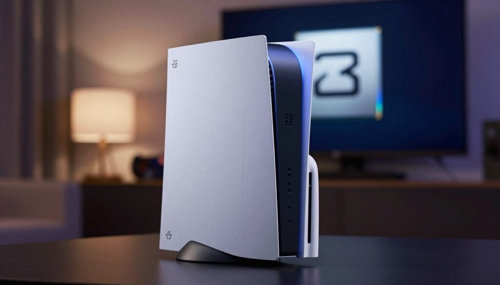 A modern gaming console design, emphasizing a sleek architecture inspired by Zen 2 technology, showcased prominently in the foreground. The console features intricate geometric patterns and cooling vents that symbolize efficiency. In the middle ground, a backdrop displays a blurred living room environment with soft ambient lighting, hinting at a cozy gaming setup. On one side, a subtle depiction of the Zen 3 logo is integrated into a digital display, signifying potential advancements without dominating the scene. The image should be captured with a shallow depth of field, focusing on the console, while the background remains slightly out of focus. The overall mood is innovative and futuristic, embodying a strategic vision for gaming technology.