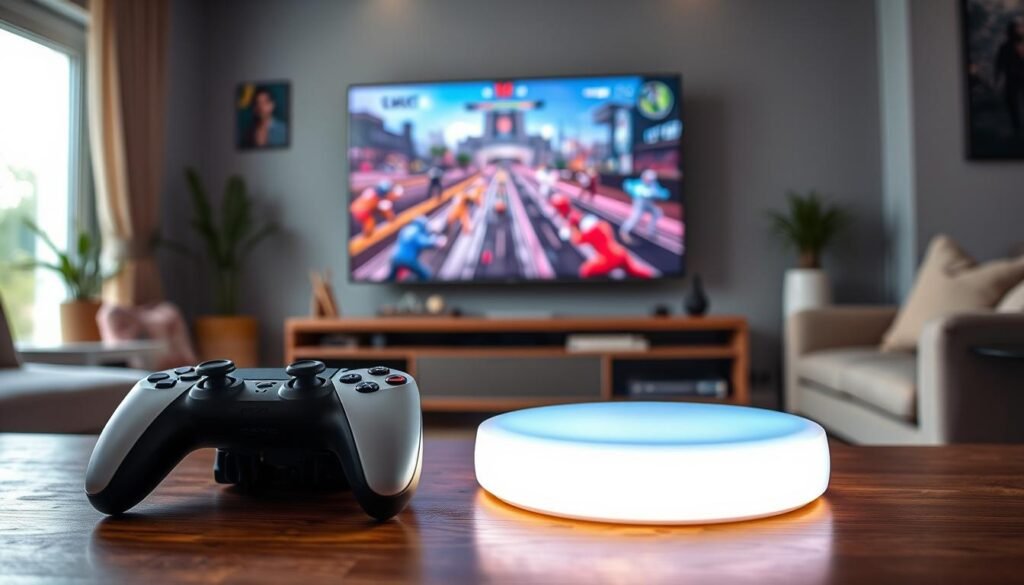 A modern gaming console setup showcasing cloud gaming services, with a sleek, futuristic gaming console prominently displayed in the foreground. The console glows softly with ambient lighting, reflecting the innovative technology behind cloud gaming. In the middle ground, a high-definition television screen shows a vibrant gaming scene, possibly depicting a multiplayer match, highlighting the interactive nature of cloud gaming. The background features a cozy living room environment, with comfortable furniture and subtle gaming-themed decor. Natural light filters in from a window, adding warmth to the atmosphere. The overall mood is exciting and immersive, conveying the innovative nature of cloud gaming as an engaging experience for players.