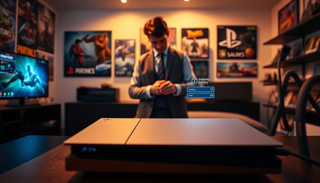 A modern gaming setup showcasing a PlayStation console prominently in the foreground, illuminated by soft, ambient lighting. The console displays a unique digital passkey entry screen, illustrating a secure login interface. In the middle background, a user in professional business attire is focused on the screen, typing in a passkey with a look of concentration. The room is decorated with gaming posters and shelves filled with PlayStation games, creating an immersive gaming atmosphere. Warm lighting enhances the mood of security and technology, while a sleek camera angle captures the scene neatly, emphasizing the interaction with digital security on the console.