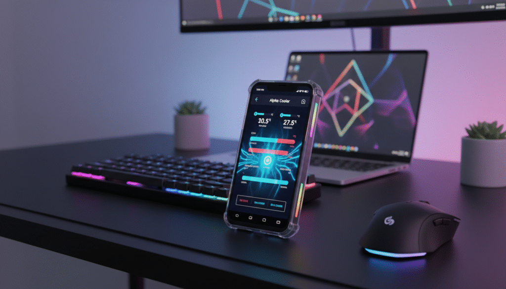A modern gaming smartphone on a sleek desk, displaying the Alpha Cooler app interface with vibrant graphics indicating real-time temperature monitoring. In the foreground, the phone is angled slightly towards the viewer, showcasing the app's detailed readouts against a backdrop of glowing RGB lights. The middle ground features a stylish gaming setup with a high-performance gaming laptop, a mechanical keyboard, and a mouse, all harmoniously blending into the tech-savvy atmosphere. In the background, soft ambient lighting creates a serene yet focused mood, enhancing the overall gaming and performance theme. The image is brightly lit, maintaining a clean, professional aesthetic, emphasizing functionality and innovation in gaming technology.