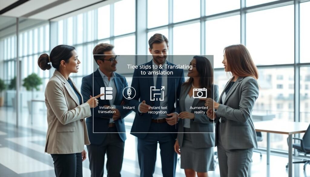 A modern office setting featuring a digital display of real-time translation software, illustrating tips and tricks for optimizing translation experiences. In the foreground, a diverse group of three professionals, dressed in smart business attire, are engaged in a collaborative discussion, pointing at the screen with various translation options displayed. In the middle, the digital overlay showcases icons for voice translation, instant text recognition, and augmented reality interactions. In the background, a sleek, high-tech workspace with large windows allowing natural light to flood the room, creating a bright and inspiring atmosphere. The overall mood should convey innovation, collaboration, and efficiency in language translation technology. The scene is shot from a slightly elevated angle, emphasizing both the professionals' involvement and the advanced technology being showcased. A modern office setting featuring a digital display of real-time translation software, illustrating tips and tricks for optimizing translation experiences. In the foreground, a diverse group of three professionals, dressed in smart business attire, are engaged in a collaborative discussion, pointing at the screen with various translation options displayed. In the middle, the digital overlay showcases icons for voice translation, instant text recognition, and augmented reality interactions. In the background, a sleek, high-tech workspace with large windows allowing natural light to flood the room, creating a bright and inspiring atmosphere. The overall mood should convey innovation, collaboration, and efficiency in language translation technology. The scene is shot from a slightly elevated angle, emphasizing both the professionals' involvement and the advanced technology being showcased.