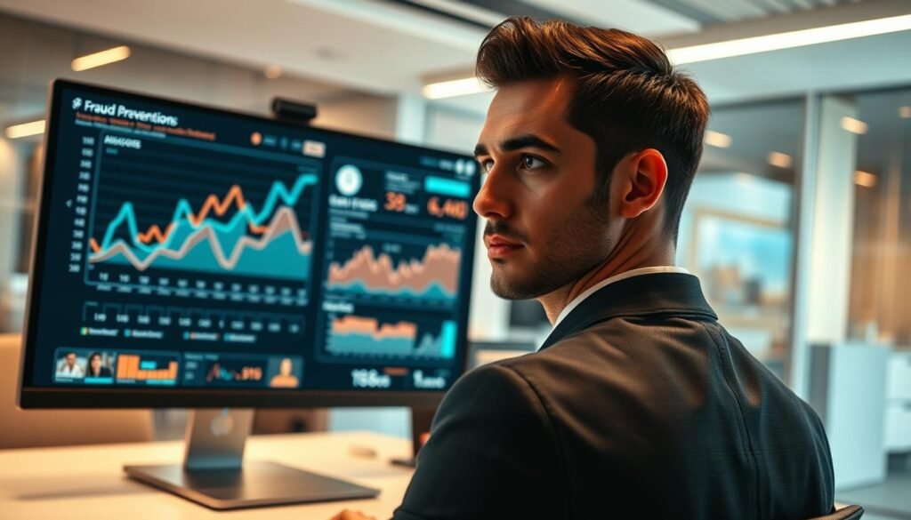 A modern office space focused on fraud prevention technology, featuring a sleek computer setup displaying a detailed graph and analytics dashboard showcasing real-time detection of online fraud activities. In the foreground, a professional wearing smart business attire is examining the data, with a look of concentration and determination. The middle ground has an advanced digital screen with abstract data visualizations representing AI algorithms. The background shows a contemporary office environment with soft, warm lighting that gives a sense of security and innovation. The angle is slightly elevated, capturing both the professionalism of the individual and the sophistication of the technology. The mood is focused and serious, emphasizing the importance of advanced fraud prevention measures.