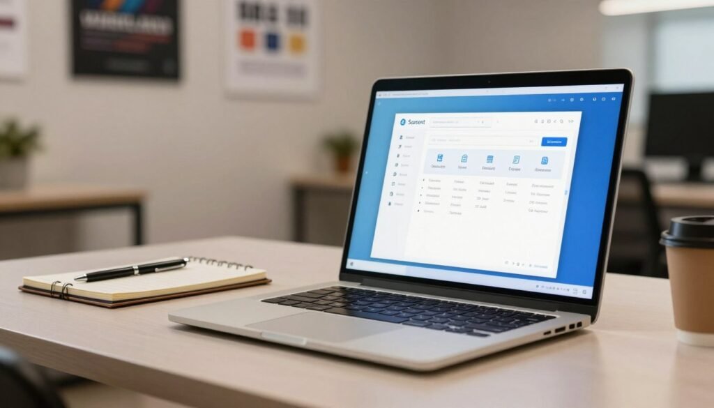 A modern office workspace showcasing the preparation for a system restore point on a Windows 11 computer. In the foreground, a sleek laptop with its screen displaying the system restore settings interface, featuring clear icons and options. In the middle ground, a well-organized desk with a notepad, pen, and a coffee cup, suggesting a focused work environment. The background features a wall with motivational tech-related posters under soft, warm lighting, creating a productive atmosphere. The scene is viewed from a slight angle, emphasizing the laptop while ensuring a clean and professional setting, evoking a sense of readiness and efficiency. The overall mood is calm, inspiring confidence in tech management and system maintenance.