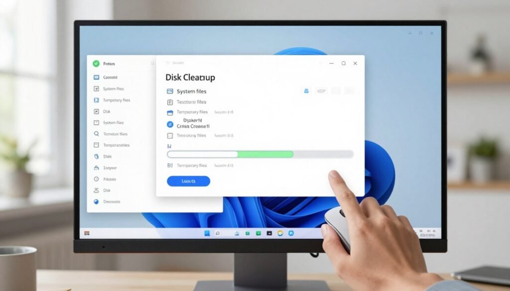 A modern, sleek Windows 11 interface displayed on a high-resolution monitor, showcasing the Disk Cleanup tool in action. In the foreground, a user’s hand navigates with a mouse, highlighting the various options available in the Disk Cleanup menu, such as "System files" and "Temporary files." In the middle ground, a clear view of the Disk Cleanup progress bar steadily filling up, indicating active cleanup. The background subtly fades into a home office setting with soft, natural lighting coming from a window, evoking a calm and focused atmosphere. The overall mood is professional and efficient, emphasizing clarity and productivity in managing disk space on the C drive. No text or overlays present.