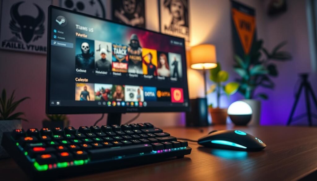 A modern, sleek desktop setup showcasing a Linux Ubuntu interface with a vibrant array of popular Steam games displayed on the screen. In the foreground, a gaming keyboard and mouse with RGB lighting are positioned prominently, emphasizing a gamer-friendly atmosphere. The middle ground features the computer monitor, where the Linux desktop shows thumbnails of compatible Steam games like "Hollow Knight", "Celeste", and "Dota 2", highlighting their vibrant artwork. The background is softly blurred with gaming posters and plants, creating a cozy gaming nook. Soft, warm lighting emanates from a nearby lamp, casting a welcoming glow. The mood is energetic yet relaxed, perfectly capturing the essence of gaming on Linux. The angle of the shot is slightly elevated, offering a clear view of the desktop while keeping the focus on the screen.