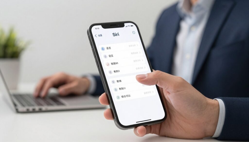 A modern, sleek iPhone displaying Siri's offline features on its screen, designed to illustrate the functionality of Siri in iOS 17. In the foreground, the iPhone should be prominently positioned with a crisp, detailed interface showcasing various Siri settings including language options and voice commands. The middle ground features a softly blurred workspace with a professional-looking individual dressed in smart casual attire, interacting with the iPhone, perhaps tapping to activate Siri. The background includes a minimalistic office setup with soft, natural lighting that creates an inviting and productive atmosphere. The overall mood is one of efficiency and innovation, emphasizing the cutting-edge technology of offline Siri capabilities. Focus on bright, clear imagery to enhance understanding and engagement with the subject matter. A modern, sleek iPhone displaying Siri's offline features on its screen, designed to illustrate the functionality of Siri in iOS 17. In the foreground, the iPhone should be prominently positioned with a crisp, detailed interface showcasing various Siri settings including language options and voice commands. The middle ground features a softly blurred workspace with a professional-looking individual dressed in smart casual attire, interacting with the iPhone, perhaps tapping to activate Siri. The background includes a minimalistic office setup with soft, natural lighting that creates an inviting and productive atmosphere. The overall mood is one of efficiency and innovation, emphasizing the cutting-edge technology of offline Siri capabilities. Focus on bright, clear imagery to enhance understanding and engagement with the subject matter.