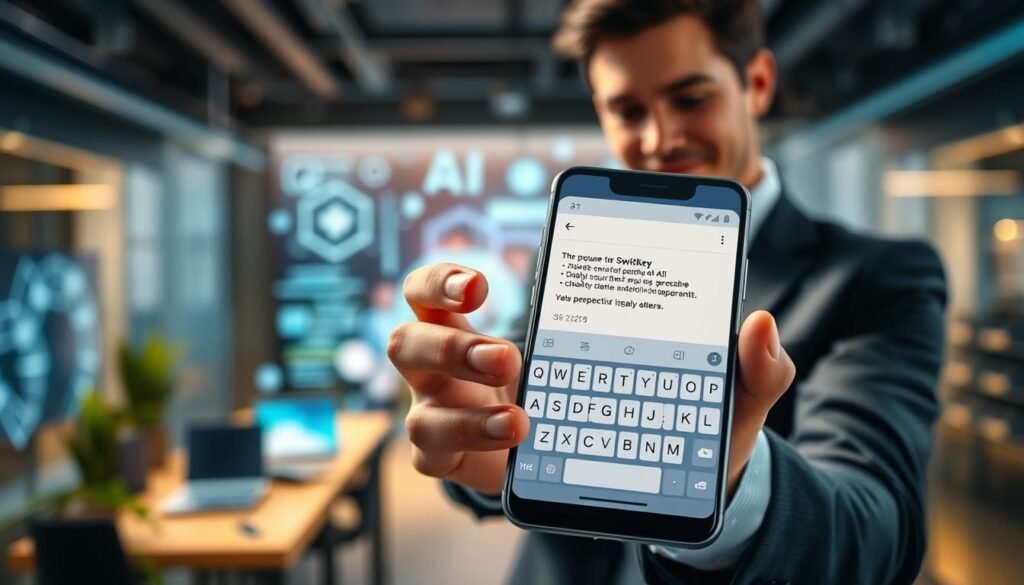 A modern, sleek smartphone displaying the SwiftKey keyboard interface, prominently showcasing predictive text features. In the foreground, the phone is held by a professional individual dressed in smart casual attire, with a confident expression, subtly hinting at the power of technology at their fingertips. In the middle ground, blurred tech-related elements such as lines of code, digital icons representing analytics and AI, symbolizing advanced predictive algorithms. The background features a futuristic office environment, with soft ambient lighting casting a warm glow, enhancing the innovative atmosphere. High-angle shot, focusing on the phone and hands, with a shallow depth of field to emphasize the interaction with the keyboard. The mood is inspiring and forward-looking, reflecting the technological advancements and advantages of SwiftKey.