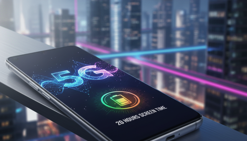 A modern, sleek smartphone resembling the Honor Power 2 is prominently featured in the foreground, showcasing its stylish design with smooth curves and an elegant finish. The device's screen displays an abstract representation of 5G network connectivity, symbolizing speed and reliability. In the middle ground, a vibrant battery icon represents the impressive 20-hour screen time, emphasized with a dynamic glow that highlights its endurance. The background features futuristic cityscape elements, subtly blurred to create depth, with neon lights evoking a sense of advanced technology. The scene is illuminated by soft, ambient lighting that enhances the smartphone's features and creates an inviting, high-tech atmosphere, capturing the essence of cutting-edge mobile technology.