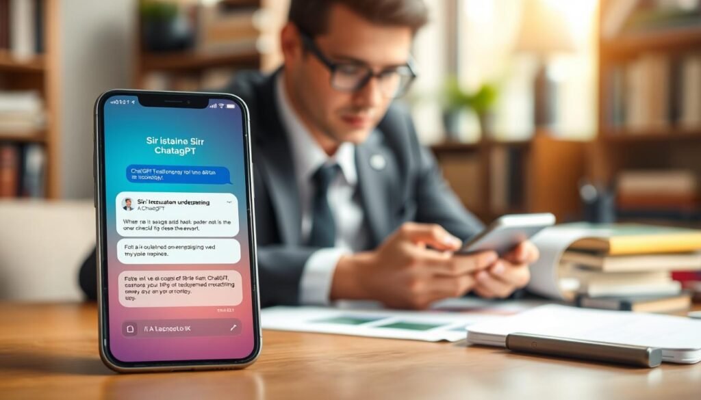 A modern smartphone displaying Siri's interface with ChatGPT integration. In the foreground, focus on the sleek iPhone screen showcasing a vibrant and intuitive dialogue between Siri and ChatGPT, emphasizing AI capabilities like natural language understanding and personalized interaction. In the middle ground, a well-dressed professional, perhaps a young adult in business attire, intently engages with the phone, illustrating the collaborative use of technology. The background features a softly blurred tech-savvy environment—an office or a cozy workspace filled with books and gadgets, imparting a sense of innovation. Warm, natural lighting enhances the scene, creating an inviting and aspirational atmosphere. The image should evoke a feeling of seamless integration between AI and everyday life.