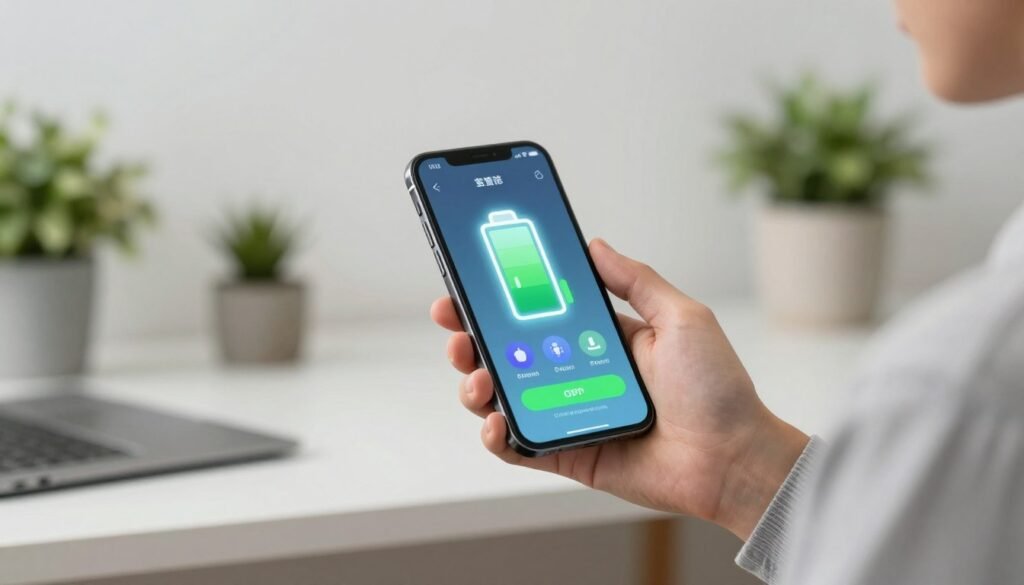 A modern smartphone displaying a battery optimization app interface, set against a serene, tech-inspired background. In the foreground, the phone is held by a professional individual dressed in casual business attire, concentrating on optimizing battery usage. The middle of the image features a bright, glowing battery icon with visual indicators of energy-saving tips, such as dimming the screen and closing background apps, illustrated through vibrant infographics. The background is softly blurred, showcasing an organized workspace with a minimalistic desk and green plants, creating a calm atmosphere. The lighting is bright and inviting, emphasizing the theme of sustainability and smart technology.