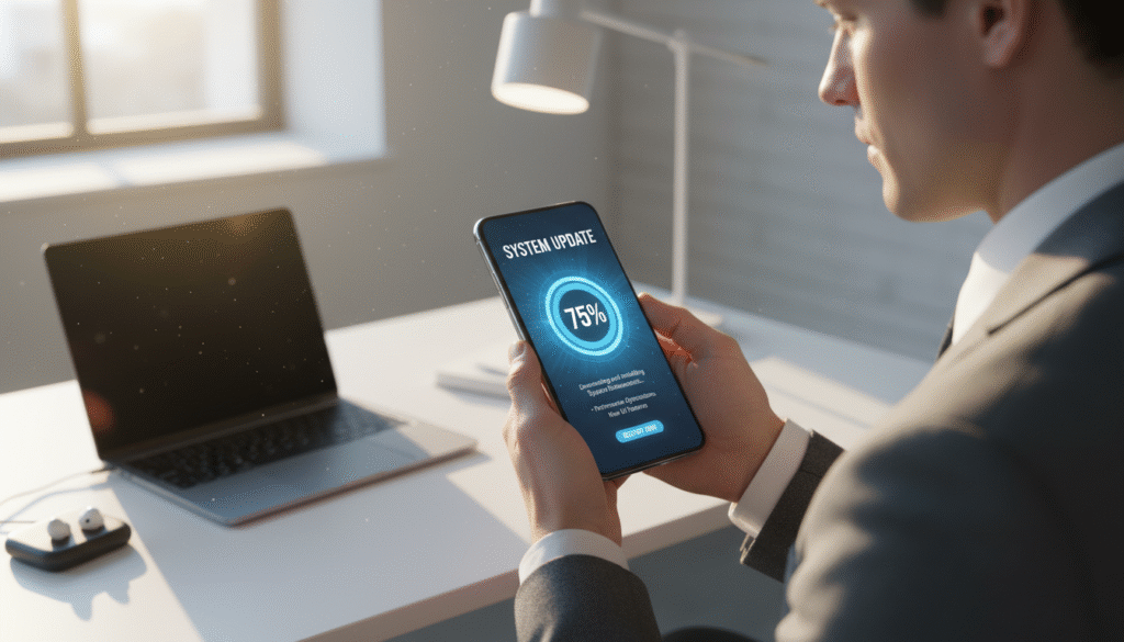 A modern smartphone interface showcasing a software update screen, prominently featuring an elegant design with clear visual indicators for progress and system enhancements. In the foreground, a sleek smartphone with a vibrant display is held by a person dressed in professional business attire, focused on the update process. The background includes a softly blurred tech workspace with ambient lighting, highlighting a clean desk setup with gadgets and a laptop, creating a professional atmosphere. Natural daylight filters through a nearby window, casting gentle shadows. The overall mood is one of efficiency and innovation, underscoring the importance of software support and long-term updates. The angle should capture a close-up view of the smartphone to emphasize the user experience during the update.