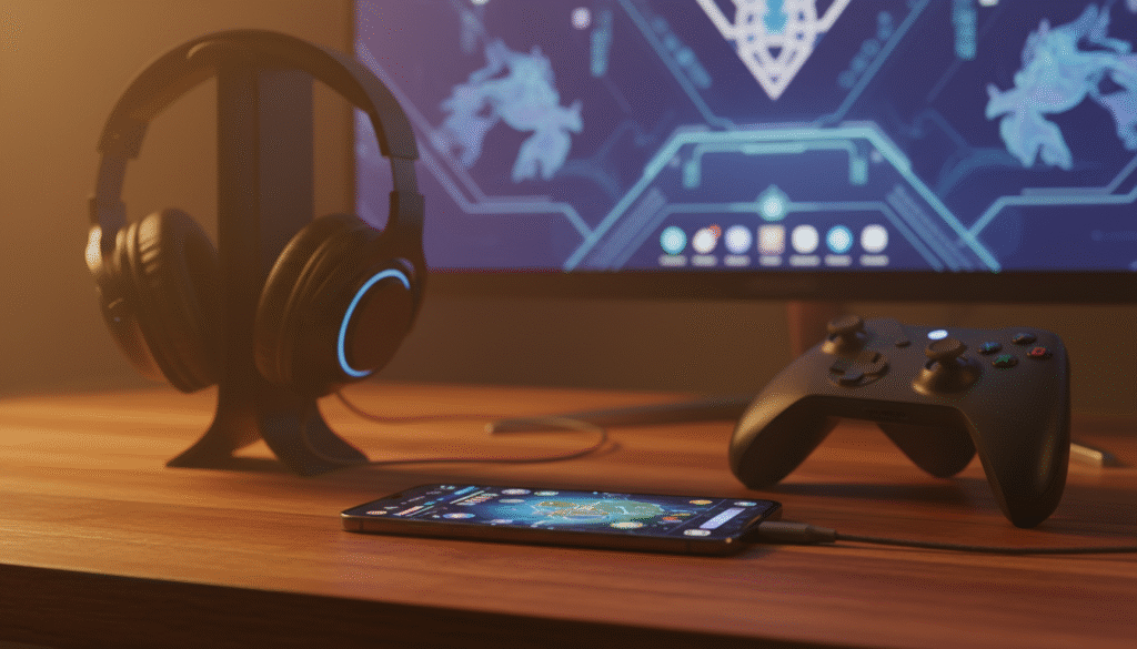 A modern smartphone on a sleek wooden desk, surrounded by gaming accessories like a high-quality headset and a game controller. The smartphone's screen displays a vibrant gaming interface, illuminated by soft ambient lighting that creates a focused, tech-savvy atmosphere. In the background, a subtle digital wallpaper with gaming elements enhances the scene without overwhelming it. The angle captures the smartphone in a way that highlights its design and function. The setting conveys a mood of anticipation and excitement for gaming, aimed at optimizing mobile performance with safe, effective strategies. The scene has a warm, inviting light, suggesting a space ready for gaming activities.
