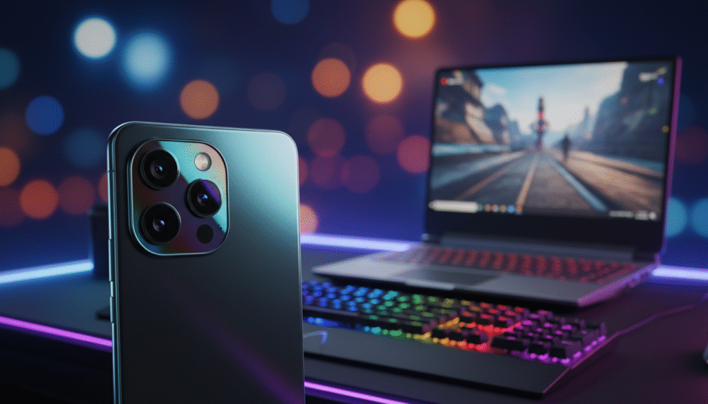 A modern smartphone prominently displayed in the foreground, showcasing its sleek design and vibrant camera array, featuring multiple lenses and a stylish finish. In the middle, a gaming setup can be seen, with a glowing gaming laptop and colorful LED lights reflecting the gaming atmosphere. The background includes an abstract blend of soft bokeh lights, suggesting a dynamic and immersive space. The lighting is dramatic yet inviting, highlighting the smartphone’s camera capabilities while casting subtle shadows that accentuate its curves. The scene conveys an upbeat and tech-savvy mood, emphasizing the balance between high-quality photography features and gaming performance in a stylish package.