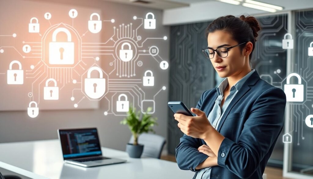 A modern, well-lit office space where a professional individual is securely handling a smartphone while surrounded by various digital security symbols, such as locks, shields, and encrypted data streams. The foreground features the person, a person in smart casual attire, looking focused and engaged, tapping on their device with a thoughtful expression. In the middle ground, add a sleek desk with a laptop displaying security software, alongside a plant for a touch of warmth. The background contains abstract patterns of circuit boards and data encryption to symbolize advanced technology. The lighting is bright yet soft, creating a focused atmosphere that emphasizes security and vigilance. The overall mood conveys professionalism, safety, and the importance of protecting data and accounts.