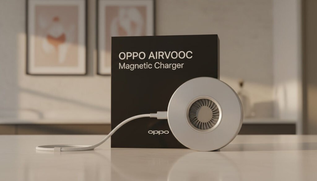 A modern wireless charging station prominently displayed in the foreground, featuring a sleek, futuristic design with a smooth surface and LED indicators. Surrounding the charger, a smartphone – specifically an OPPO Find X9 – is centered on the pad, showcasing its elegant curves and vibrant screen lit up, emphasizing the charging process. In the middle ground, subtle elements like a stylish desk and some gadgets enhance the tech-savvy atmosphere. In the background, soft-focus elements such as blurred plants or abstract light patterns create a calming, modern workspace feel. The lighting is bright yet soft, highlighting the device while casting gentle shadows. The overall mood is innovative and efficient, embodying the concept of advanced wireless charging technology like 80W SuperVOOC and 50W AirVOOC. A modern wireless charging station prominently displayed in the foreground, featuring a sleek, futuristic design with a smooth surface and LED indicators. Surrounding the charger, a smartphone – specifically an OPPO Find X9 – is centered on the pad, showcasing its elegant curves and vibrant screen lit up, emphasizing the charging process. In the middle ground, subtle elements like a stylish desk and some gadgets enhance the tech-savvy atmosphere. In the background, soft-focus elements such as blurred plants or abstract light patterns create a calming, modern workspace feel. The lighting is bright yet soft, highlighting the device while casting gentle shadows. The overall mood is innovative and efficient, embodying the concept of advanced wireless charging technology like 80W SuperVOOC and 50W AirVOOC.