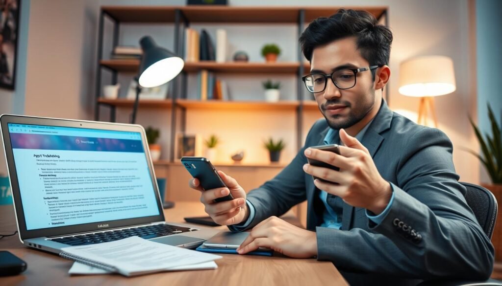 A modern workspace depicting a professional setting where a person in smart casual attire is calmly using an Android smartphone, troubleshooting an app issue. The foreground includes the individual's hands interacting with the smartphone, showing a clear and focused expression. In the middle ground, a laptop displays a detailed guide on app troubleshooting, along with a notepad filled with useful tips. The background features soft ambient lighting from a desk lamp, with shelves filled with tech books and plants, creating a serene and productive atmosphere. The color palette is calming, with blues and greens dominating, enhancing the mood of problem-solving and professionalism.
