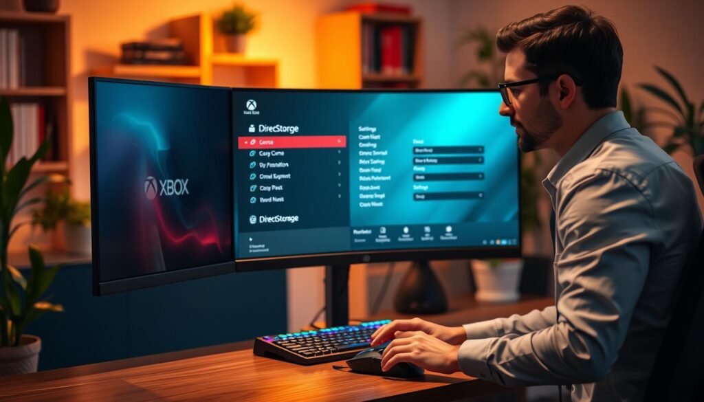 A modern workspace featuring a sleek desktop setup with a high-resolution monitor displaying the Xbox Game Bar interface, highlighting the DirectStorage settings. In the foreground, a confident professional, dressed in smart casual attire, is adjusting settings with a focused expression. The middle ground includes a stylish keyboard and gaming mouse, with subtle RGB lighting enhancing the tech vibe. The background features a softly lit room with bookshelves and plants for a cozy yet professional atmosphere. The lighting should be warm and inviting, creating an engaging mood while emphasizing the importance of technology in gaming. The angle captures both the monitor and the person’s engagement with the game settings, illustrating the concept of enabling DirectStorage on Windows 11 effectively.