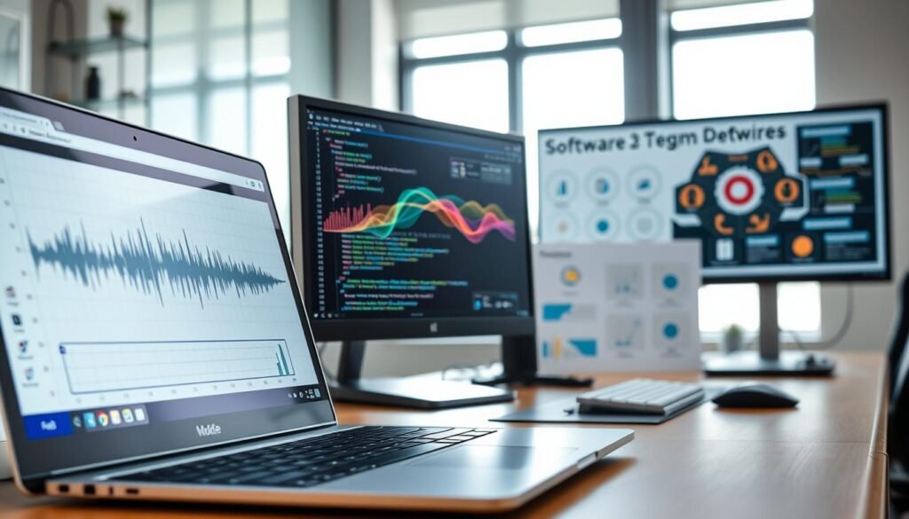 A modern workspace featuring various types of computer software applications displayed on multiple screens. In the foreground, a sleek laptop shows a voice transcription software interface with audio waveform visuals. Beside it, a desktop monitor highlights coding software, displaying colorful lines of code that suggest programming. In the middle ground, an infographic board showcases diagrams of different software types, such as productivity, communication, and design software. The background features a window with natural light streaming in, creating a bright and inspiring atmosphere. The scene is well-organized, reflecting a professional and innovative mood, suitable for a technology-focused article. A wide-angle perspective captures the overall setting, enhancing the sense of a modern tech environment.