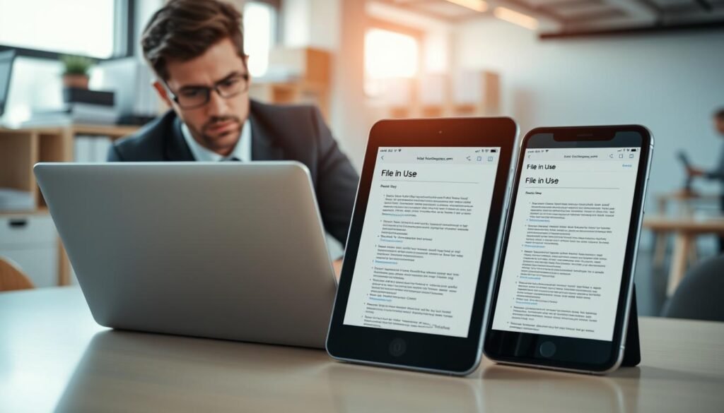 A modern workspace showcasing multiple devices in use: a laptop, tablet, and smartphone displaying a document titled "File in Use." In the foreground, a focused professional in business attire, with a concerned expression, is viewing the document on the laptop. The middle layer features the tablet and smartphone, each showing parts of the same file with busy indicators signaling simultaneous access. The background is an organized office environment with soft, natural lighting pouring in from a window, casting a warm glow. A subtle depth of field emphasizes the devices while keeping a crisp focus on the user's interaction, effectively capturing the tension of collaborative file access in a professional setting. The overall mood is one of urgency and productivity.