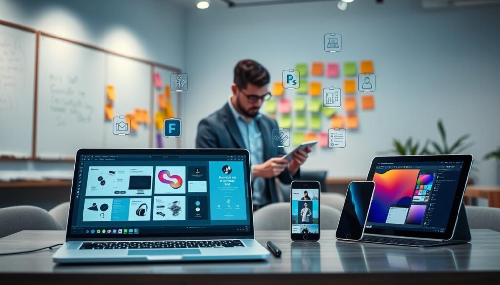A modern workspace showcasing the characteristics of digital software. In the foreground, a sleek laptop displays a vibrant user interface of Figma AI, featuring design elements and prototype generation tools. Beside it, a stylish tablet and smartphone illustrate cross-device compatibility. In the middle, a graphic designer in professional attire is intently working on a digital design, surrounded by floating icons representing various software features like collaboration, prototyping, and user interface design. The background features a contemporary office setting with whiteboard notes and colorful post-it notes on a wall promoting creativity and brainstorming. Soft, diffused lighting enhances the professional atmosphere, capturing a focus on innovation and digital artistry.