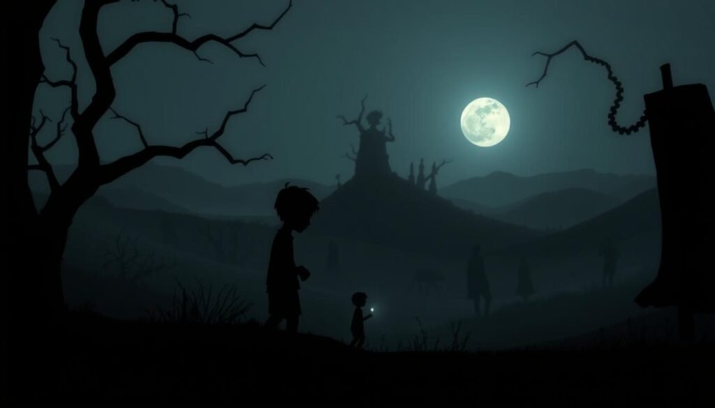 A mysterious, atmospheric scene from the game Limbo, featuring a dark silhouette of a young boy navigating through an eerie, shadowy landscape. In the foreground, the boy stands with a tense posture, clutching a small light source that casts a faint glow. The middle ground is filled with abstract, haunting silhouettes of twisted trees and strange, ominous structures, creating a sense of foreboding. The background is shrouded in a deep fog, with faint outlines of distant hills and a moonlit sky peeking through, adding to the eerie ambiance. Soft, diffused lighting enhances the melancholic mood, while the camera captures the scene from a low angle to emphasize the boy's isolation in this enigmatic world.