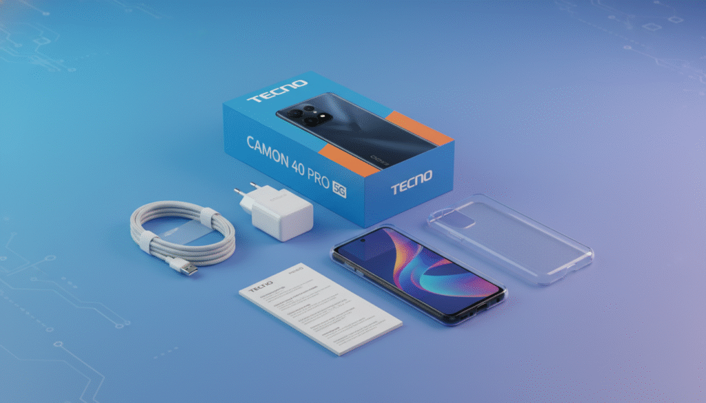 A neatly arranged TECNO Camon 40 Pro 5G product package, prominently displayed in the foreground, showcasing the vibrant packaging details with the smartphone partially visible. Surround the package with essential accessories, such as a charging cable, user manual, and protective case, artistically positioned to give an inviting feel. The background features a soft gradient, hinting at a technology-oriented atmosphere, evoking excitement for new gadgets. Use soft, natural lighting to highlight the glossy surfaces of the smartphone and accessories, ensuring a polished look. The angle is slightly elevated, providing a comprehensive view of the product display. The mood should be vibrant and professional, ideal for tech enthusiasts preparing for a purchase.