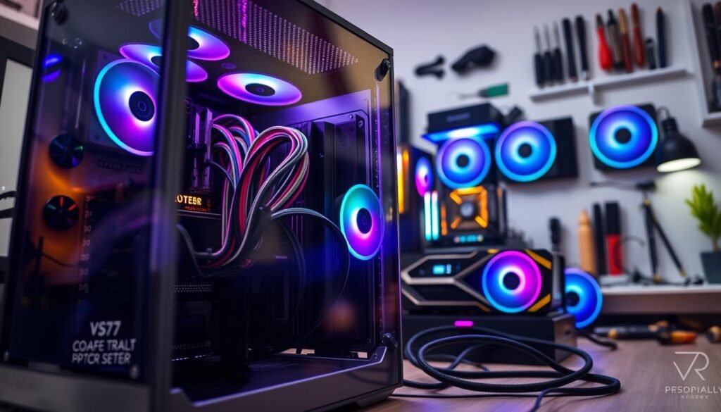 A neatly organized PC build featuring a modular power supply unit (PSU) with a focus on cable management. In the foreground, showcase a transparent computer case highlighting the PSU and its neatly arranged cables, which are color-coordinated for aesthetic appeal. The middle ground should show the high-quality components such as a sleek motherboard, custom RGB fans, and a powerful graphics card, all under soft, ambient lighting. In the background, display a well-lit workspace with tools and PC building accessories, creating a professional atmosphere. The image should have a dynamic angle, capturing the modernity of the setup and emphasizing the flexibility and aesthetics of a modular PSU. The overall mood should be one of sophistication and technical prowess.