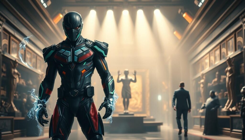A new Marvel character in a dramatic pose, showcasing a unique costume blending futuristic elements and classic superhero aesthetics. The character features a powerful physique, with vibrant colors reflecting their super abilities, and a mask that obscures part of their face. In the foreground, the character stands confidently, surrounded by swirling energy effects that highlight their powers. In the middle ground, a bustling museum background filled with artifacts, illuminated by sleek spotlights that create dynamic shadows, enhancing the mysterious atmosphere of the scene. The composition should emphasize contrast between light and dark, suggesting an epic showdown. Capture this with a cinematic lens angle, utilizing a slightly low perspective to magnify the character’s imposing presence, evoking a sense of anticipation and excitement for the upcoming season. The overall mood is intense and heroic, inviting viewers into the Marvel universe.