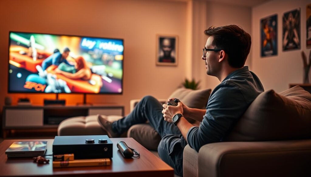 A person sitting comfortably on a modern couch in a cozy living room, intensely focused on a gaming session on a large flat-screen TV displaying vibrant Xbox Cloud Gaming graphics. The player, a young adult male in casual but professional attire, shows a mix of excitement and concentration, gripping a wireless controller. In the foreground, a coffee table is adorned with snacks and a drink. The middle ground features a sleek gaming console and accessories. The background reveals warm ambient lighting that creates a welcoming atmosphere, with subtle decorative elements such as gaming posters and indoor plants. The focus is sharp on the player and the screen, with a slightly blurred background to emphasize the intense gaming experience.