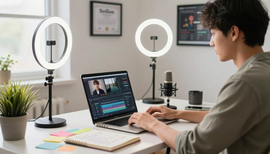 A picturesque workspace setup for beginners creating videos, showcasing a laptop with a video editing software interface open. In the foreground, a focused young professional wearing smart casual attire types on the keyboard, surrounded by colorful notes and an open notebook filled with tips. In the middle ground, a well-organized desk cluttered with a high-quality microphone, a ring light for optimal lighting, and a potted plant, adding a touch of life to the environment. In the background, a clean wall with framed certificates and posters related to video creation techniques. Soft, natural light filters through a window, creating a warm and inviting atmosphere, perfect for learning and creativity.