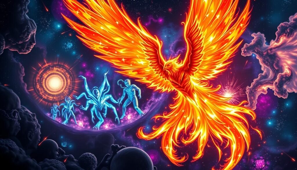 A powerful Marvel cosmic hero, the Phoenix, soaring through a vibrant cosmic landscape filled with swirling galaxies and colorful nebulae. In the foreground, the Phoenix radiates fiery energy, with wings spread wide, showcasing intertwined flames and cosmic stardust. The middle layer captures a battle scene, with alien adversaries shimmering in ominous shades of blue and purple, preparing to confront the Phoenix. The background is a mesmerizing cosmic tapestry, featuring distant stars and cosmic phenomena like black holes and supernovae, creating a sense of grandeur and depth. Use dramatic lighting to highlight the Phoenix’s fiery aura against the dark, vastness of space, with a dynamic angled perspective that conveys movement and intensity. The overall atmosphere should evoke a sense of epic confrontation and invincible power.