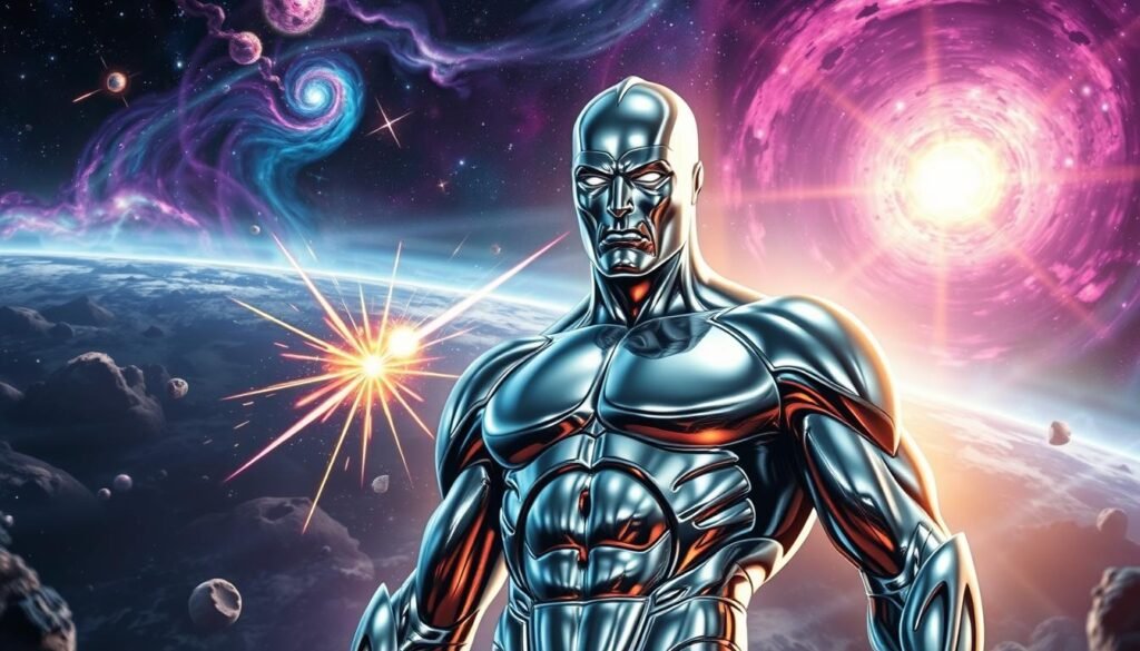 A powerful Silver Surfer stands prominently in the foreground, showcasing his iconic chrome appearance reflecting cosmic energy. His expression is determined, with eyes glowing, embodying strength against a backdrop of a turbulent cosmic storm filled with swirling galaxies and vibrant colors of purple, blue, and silver. In the middle ground, we see flashes of energy and cosmic debris swirling around him, signifying the chaos of a cosmic invasion. The background is filled with distant stars and nebulas, creating a sense of vastness in space. The lighting is dramatic, with beams of cosmic light cutting through the storm, casting shadows and highlights on the Silver Surfer, enhancing the intensity of the scene. The atmosphere conveys urgency and epic power, emphasizing the heroic nature of the character amidst the cosmic battle.