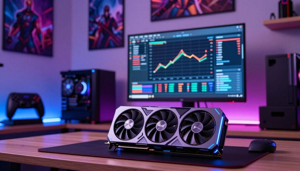 A powerful gaming setup featuring the RTX 5080 graphics card prominently displayed in the foreground, illuminated by soft blue LED lighting, showcasing its sleek and modern design. In the middle, a high-resolution screen displays a performance benchmark chart with impressive numbers and graphics, symbolizing the technical review aspect. The background is a stylish, contemporary gaming room with ambient lighting, gaming posters, and shelves showcasing gaming peripherals. The atmosphere is vibrant and tech-savvy, exuding excitement about high-performance gaming hardware. The scene is captured with a slight angle to give depth, using a soft-focus lens to highlight the RTX 5080, while maintaining clarity on the performance data presented on the screen. The overall mood should feel dynamic and engaging, inviting viewers to explore the review of the RTX 5080. A powerful gaming setup featuring the RTX 5080 graphics card prominently displayed in the foreground, illuminated by soft blue LED lighting, showcasing its sleek and modern design. In the middle, a high-resolution screen displays a performance benchmark chart with impressive numbers and graphics, symbolizing the technical review aspect. The background is a stylish, contemporary gaming room with ambient lighting, gaming posters, and shelves showcasing gaming peripherals. The atmosphere is vibrant and tech-savvy, exuding excitement about high-performance gaming hardware. The scene is captured with a slight angle to give depth, using a soft-focus lens to highlight the RTX 5080, while maintaining clarity on the performance data presented on the screen. The overall mood should feel dynamic and engaging, inviting viewers to explore the review of the RTX 5080.