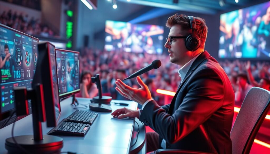 A professional esports caster sits at a sleek, modern commentary desk, surrounded by high-tech equipment, including a microphone and multiple screens displaying live game stats. The caster, dressed in a smart casual outfit, exudes focus and enthusiasm while analyzing gameplay, gesturing expressively to engage viewers. Bright LED lights illuminate the scene, creating a dynamic atmosphere that reflects the energy of esports matches. In the background, an excited audience watches on large screens, conveying the excitement of the event. The perspective is slightly angled from the side to capture both the caster's expression and the vibrant backdrop, emphasizing the connection between the caster and the audience. The overall mood is energetic and immersive, showcasing the caster's influence on audience perception and game outcomes.