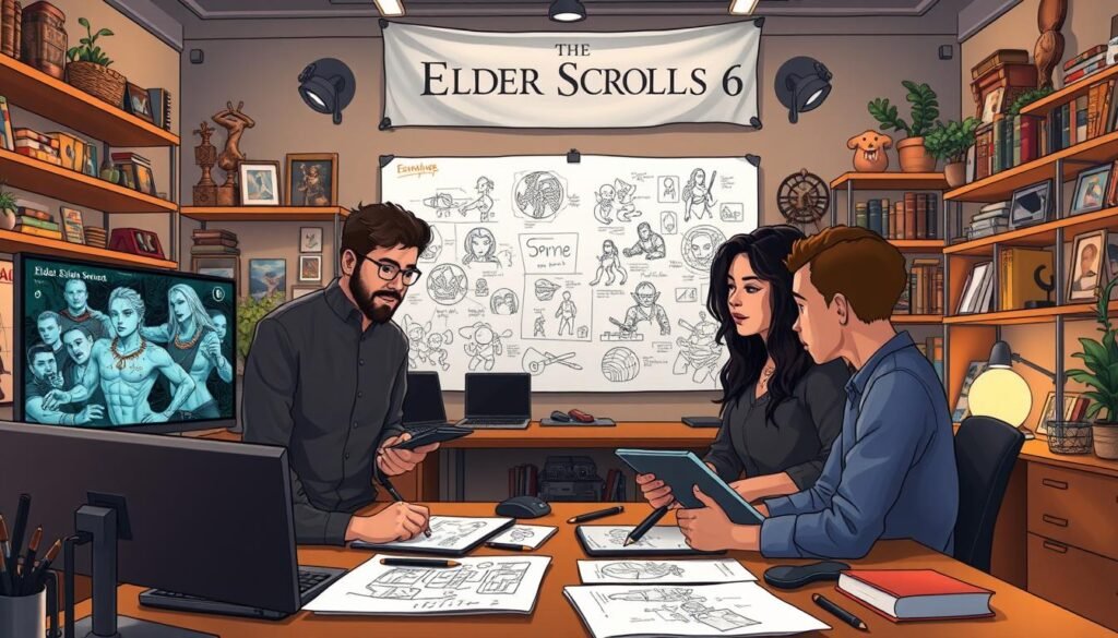 A professional game development studio setting, focused on a group of diverse, dedicated game developers, immersed in their work on "The Elder Scrolls 6". In the foreground, two developers, one male and one female, are collaborating on a large screen displaying intricate game design concepts, surrounded by sketches and digital tablets. In the middle, a large whiteboard is filled with ideas and character designs, emphasizing teamwork and creativity. The background features a cozy, modern office environment with warm lighting, shelves filled with gaming memorabilia and rare collectibles, and a banner of "The Elder Scrolls 6" subtly displayed. The mood is focused yet optimistic, capturing the excitement of game development. Use a soft-focus lens effect to give an inviting atmosphere.