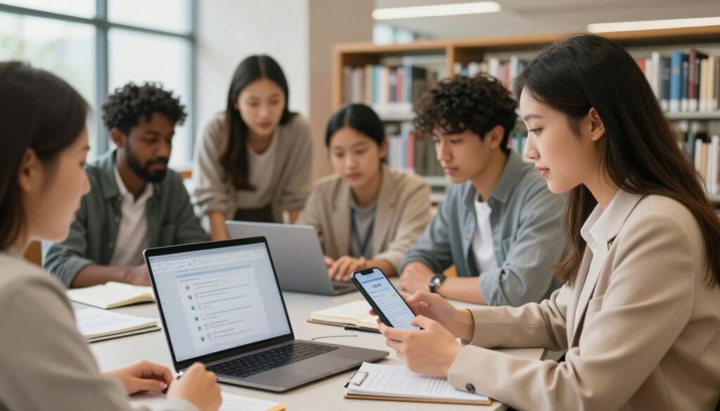 A professional setting that illustrates the steps for verifying students, focused on a diverse group of young adults in modest business attire. In the foreground, a focused young woman is using a smartphone to navigate an app, with her laptop open displaying a Google AI interface. In the middle, a diverse group of students gathered around a table, looking at a digital device, discussing verification steps, with papers and notebooks scattered. The background features a modern university library, with bookshelves filled with books and soft lighting, creating a collaborative atmosphere. The image captures an engaging mood of exploration and learning, with warm, natural light coming through large windows, enhancing the overall professional, tech-savvy environment. A professional setting that illustrates the steps for verifying students, focused on a diverse group of young adults in modest business attire. In the foreground, a focused young woman is using a smartphone to navigate an app, with her laptop open displaying a Google AI interface. In the middle, a diverse group of students gathered around a table, looking at a digital device, discussing verification steps, with papers and notebooks scattered. The background features a modern university library, with bookshelves filled with books and soft lighting, creating a collaborative atmosphere. The image captures an engaging mood of exploration and learning, with warm, natural light coming through large windows, enhancing the overall professional, tech-savvy environment.