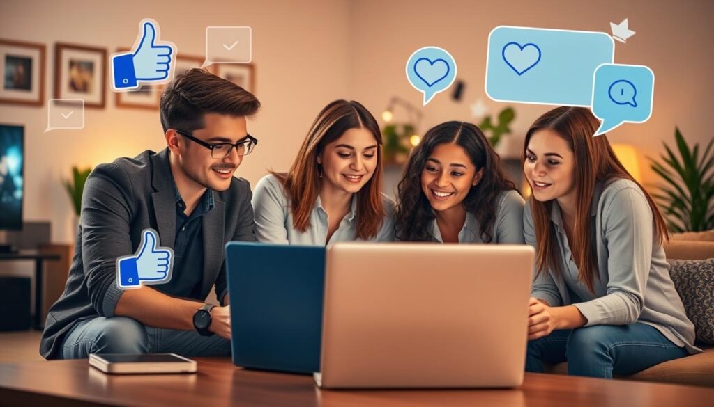 A serene and proactive gaming environment illustrating solutions to unhealthy online gaming behavior. In the foreground, a diverse group of young adults, dressed in professional casual attire, engage in a collaborative discussion around a laptop. They are analyzing chat logs displayed on the screen, their expressions focused and determined. In the middle ground, virtual icons symbolizing healthy communication—like thumbs up, heart emojis, and moderation tools—float around them, representing positive interactions. The background features a cozy gaming room, softly illuminated by warm lighting that creates an inviting atmosphere. The composition captures a sense of teamwork and positivity while addressing the importance of healthy online communication. The overall mood is uplifting and constructive, emphasizing the strategies to combat toxic chat in gaming platforms.