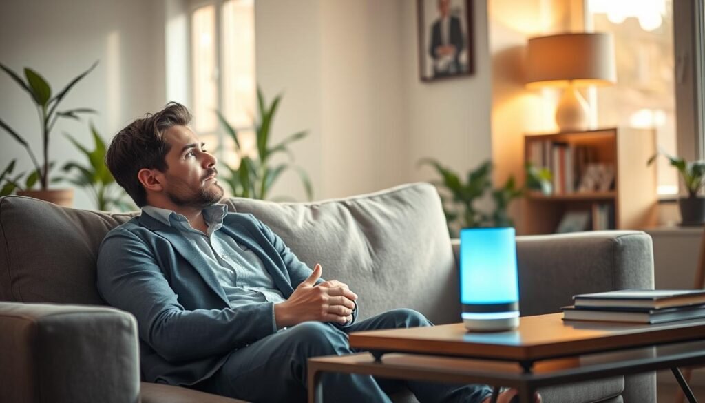 A serene modern living room setting with a person sitting comfortably on a couch, engaging with a futuristic voice assistant device on a nearby table. The foreground features the individual, dressed in smart casual attire, expressing a thoughtful yet relaxed demeanor as they interact with the AI. In the middle ground, the sleek voice assistant emits a gentle glow, symbolizing its advanced technology. The background showcases a softly lit room with plants and books, creating a cozy atmosphere. Warm, natural lighting filters through a window, enhancing the mood of intimacy and connection. The overall tone suggests a blending of technology and personal emotion, reflecting the psychological and social impacts of sharing thoughts with AI.