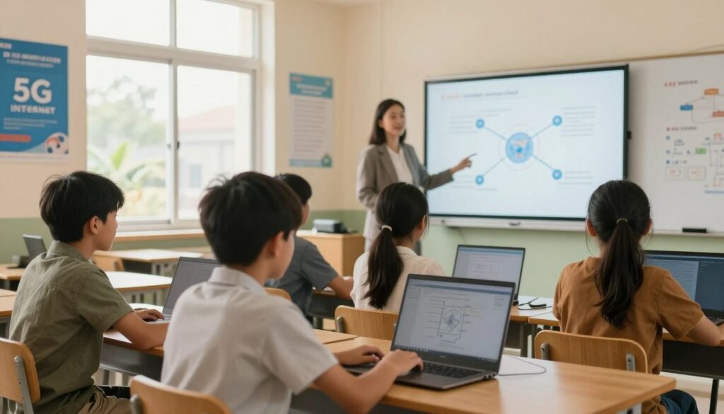A serene, well-lit classroom setting depicting students from a remote village engaging in a computer class. In the foreground, a diverse group of four students—two boys and two girls—are focused on their laptops, wearing modest casual clothing. The middle ground showcases a dedicated teacher, explaining concepts on a digital whiteboard with diagrams of internet connectivity. The background has large windows letting in natural light, illuminating educational posters about the 5G internet program. The atmosphere is optimistic and empowering, symbolizing the benefits of technology for education. Use soft, warm lighting to enhance the inviting mood, with a slight depth of field to keep the focus on the students while gently blurring the background.