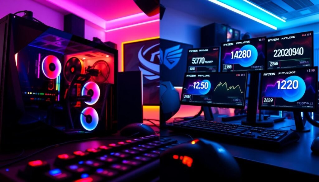 A side-by-side comparison of gaming performance, featuring a sleek, modern gaming PC setup on the left with a Ryzen 8000 processor, glowing in RGB lighting, displaying a live eSports match at 120 fps on the monitor. To the right, traditional gaming setups with older GPUs show lower performance metrics visually represented through graphs and numbers on additional screens. The foreground contains a close-up of high-quality gaming equipment like a keyboard and mouse, while the background is a dynamic, tech-themed room illuminated with ambient lighting. The atmosphere is competitive and energetic, embodying the excitement of gaming while emphasizing the technological advancement of Ryzen 8000. The scene is photographed from a slightly elevated angle to capture both setups effectively under bright yet balanced lighting, ensuring all details are clearly visible and vibrant.