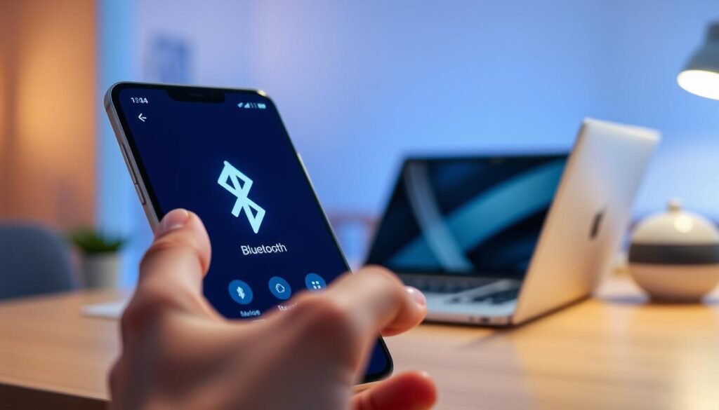 A sleek Android phone with a glowing Bluetooth icon prominently displayed on its screen. In the foreground, a hand is gently tapping the phone, showcasing the intuitive control interface for managing Bluetooth connections. In the middle ground, a modern workspace setting is highlighted, featuring a laptop and smart home devices, subtly integrating technology into daily life. The background includes soft-focus ambient lighting with a subtle blue hue, enhancing the futuristic atmosphere of the scene. The composition is shot at a slight angle with a shallow depth of field, drawing focus to the phone and hand while creating a sense of depth. The overall mood is innovative and cutting-edge, representing the seamless blend of technology and user experience.