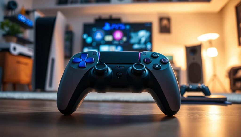 A sleek DualSense controller placed prominently in the foreground, showcasing its modern design with vibrant colors and ergonomic features. The controller is surrounded by an assortment of devices, including a PS5 console, a high-end gaming PC, and a smartphone, all symbolizing its compatibility. In the middle ground, subtle gaming elements like digital icons or game cases create a lively connection to the gaming world. The background features a soft-focus gaming room setting with ambient lighting that reflects a cozy atmosphere, enhancing the mood of an engaging gaming experience. The image should utilize warm light to invoke a sense of excitement, captured in a slight overhead angle for dramatic effect, ensuring clarity and detail without text or overlays.