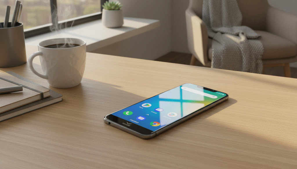 A sleek IPS LCD smartphone rests on a modern wooden desk, illuminated by soft, natural lighting streaming through a nearby window. The screen displays vibrant colors showcasing a clear and sharp interface, while the reflections subtly depict the surrounding environment. In the background, a minimalistic workspace features a stylish cup of coffee and neatly organized stationery, conveying a sense of comfort and productivity. Focus on the smartphone's slim design and high-quality display, capturing the essence of durability and user-friendly experience. The composition should evoke a warm, inviting atmosphere, perfect for highlighting the product's longevity and user satisfaction in 2025.