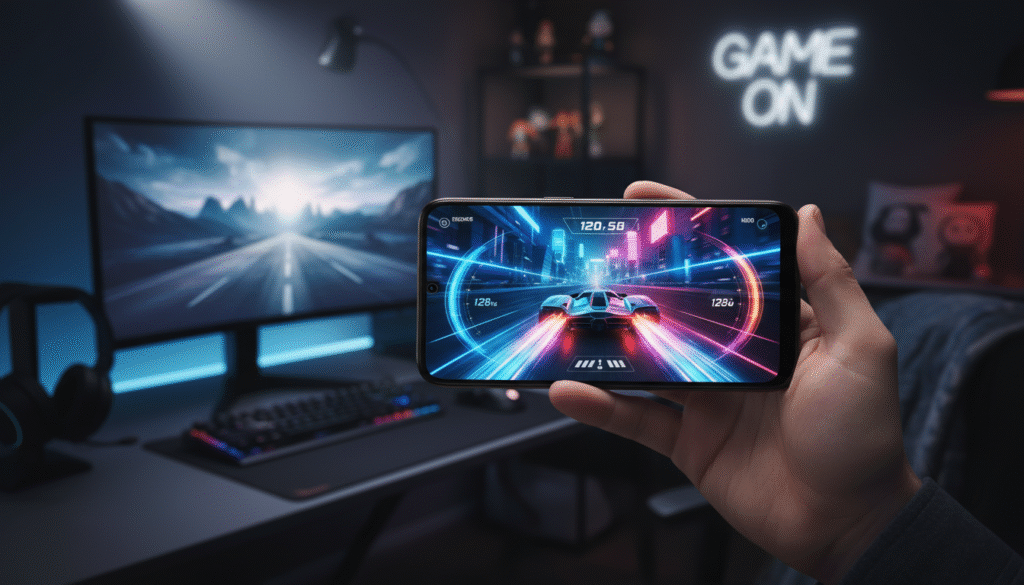 A sleek Infinix Hot 50 smartphone displaying a vibrant 120Hz gaming screen, showcased in the foreground. The phone is held by a hand in a relaxed, professional pose, emphasizing its ergonomic design and gaming capabilities. The screen is radiating vivid colors, with a dynamic game scene showcasing smooth visuals and fast action, creating an immersive experience. In the middle ground, a soft-focus gaming environment with dim lighting adds depth, featuring a modern gaming setup with ambient RGB lighting. The background includes blurred elements of a cozy gaming room, enhancing the mood of advanced technology and relaxation. Use dramatic lighting to highlight the phone's features and maintain a clean, distraction-free composition. The overall atmosphere should convey excitement and sophistication, capturing the essence of high-performance mobile gaming. A sleek Infinix Hot 50 smartphone displaying a vibrant 120Hz gaming screen, showcased in the foreground. The phone is held by a hand in a relaxed, professional pose, emphasizing its ergonomic design and gaming capabilities. The screen is radiating vivid colors, with a dynamic game scene showcasing smooth visuals and fast action, creating an immersive experience. In the middle ground, a soft-focus gaming environment with dim lighting adds depth, featuring a modern gaming setup with ambient RGB lighting. The background includes blurred elements of a cozy gaming room, enhancing the mood of advanced technology and relaxation. Use dramatic lighting to highlight the phone's features and maintain a clean, distraction-free composition. The overall atmosphere should convey excitement and sophistication, capturing the essence of high-performance mobile gaming.