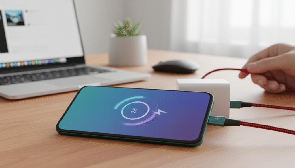 A sleek Infinix Hot 60 Pro smartphone in the foreground, casting a soft glow as it rests on a stylish wooden surface, emphasizing its modern design and vibrant display. The device shows a partially charged battery icon on the screen, with a fast charger plugged into it, symbolizing rapid charging. In the middle ground, a hand gently holds a charging cable, showcasing the action of preparing for optimal charging. In the background, a softly blurred out workspace with a laptop and potted plant creates a professional ambiance. The lighting is bright but soft, evoking a clean and modern tech environment. The overall mood is focused on productivity and efficiency, appealing to tech-savvy readers.