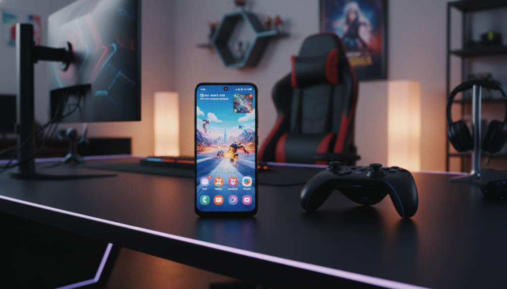A sleek Samsung Galaxy A15 smartphone displayed prominently in the foreground, showcasing its vibrant Super AMOLED FHD+ screen with a colorful gaming interface. The device rests on a stylish gaming desk alongside a game controller, creating an engaging gaming atmosphere. In the middle ground, a softly blurred cozy gaming setup is visible, featuring ambient LED lighting and a comfortable chair. The background should include a low-key, modern room design with hints of gaming paraphernalia, such as posters and accessories. The lighting is warm and inviting, highlighting the smartphone’s sleek design, while the angle is slightly above eye level to capture the phone’s features enticingly. The overall mood is dynamic, reflecting a casual yet intense gaming session. A sleek Samsung Galaxy A15 smartphone displayed prominently in the foreground, showcasing its vibrant Super AMOLED FHD+ screen with a colorful gaming interface. The device rests on a stylish gaming desk alongside a game controller, creating an engaging gaming atmosphere. In the middle ground, a softly blurred cozy gaming setup is visible, featuring ambient LED lighting and a comfortable chair. The background should include a low-key, modern room design with hints of gaming paraphernalia, such as posters and accessories. The lighting is warm and inviting, highlighting the smartphone’s sleek design, while the angle is slightly above eye level to capture the phone’s features enticingly. The overall mood is dynamic, reflecting a casual yet intense gaming session.