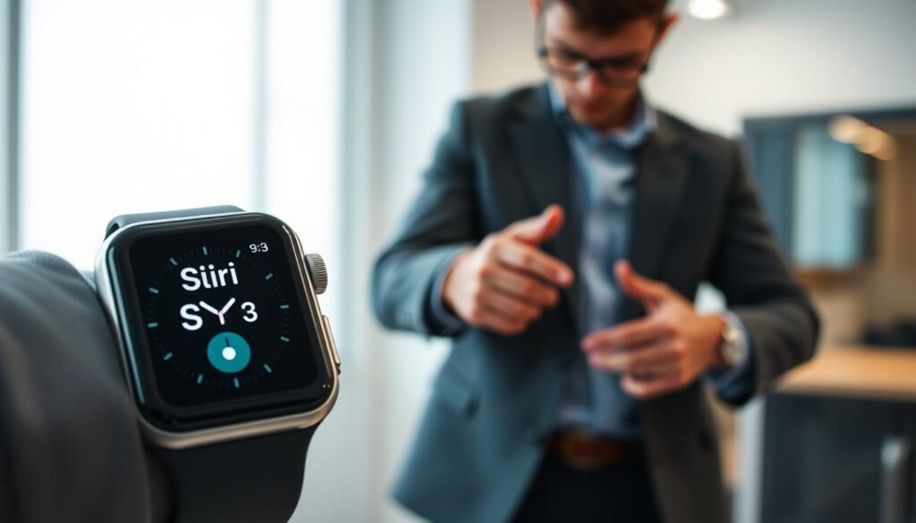 A sleek and modern Apple Watch displays Siri, the intelligent virtual assistant interface, glowing on its vibrant screen. The foreground features a close-up of the watch, capturing intricate details like the touchscreen and subtle animations of Siri's light pulsating as it listens. In the middle ground, a stylish user interacts with the watch, wearing professional business attire, showcasing a sense of productivity. The background includes a softly lit room with minimalist design, emphasizing a tech-savvy atmosphere, with soft shadows cast by ambient lighting. The overall mood is one of innovation and modernity, evoking an engaging and forward-thinking environment. The image should be bright and polished, capturing the essence of Apple's advanced technology without any text or distractions. A sleek and modern Apple Watch displays Siri, the intelligent virtual assistant interface, glowing on its vibrant screen. The foreground features a close-up of the watch, capturing intricate details like the touchscreen and subtle animations of Siri's light pulsating as it listens. In the middle ground, a stylish user interacts with the watch, wearing professional business attire, showcasing a sense of productivity. The background includes a softly lit room with minimalist design, emphasizing a tech-savvy atmosphere, with soft shadows cast by ambient lighting. The overall mood is one of innovation and modernity, evoking an engaging and forward-thinking environment. The image should be bright and polished, capturing the essence of Apple's advanced technology without any text or distractions.